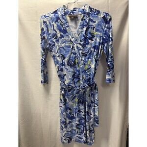 Dana Buchman Blue Floral Faux Wrap Dress with Belt Size M Ladies NWOT